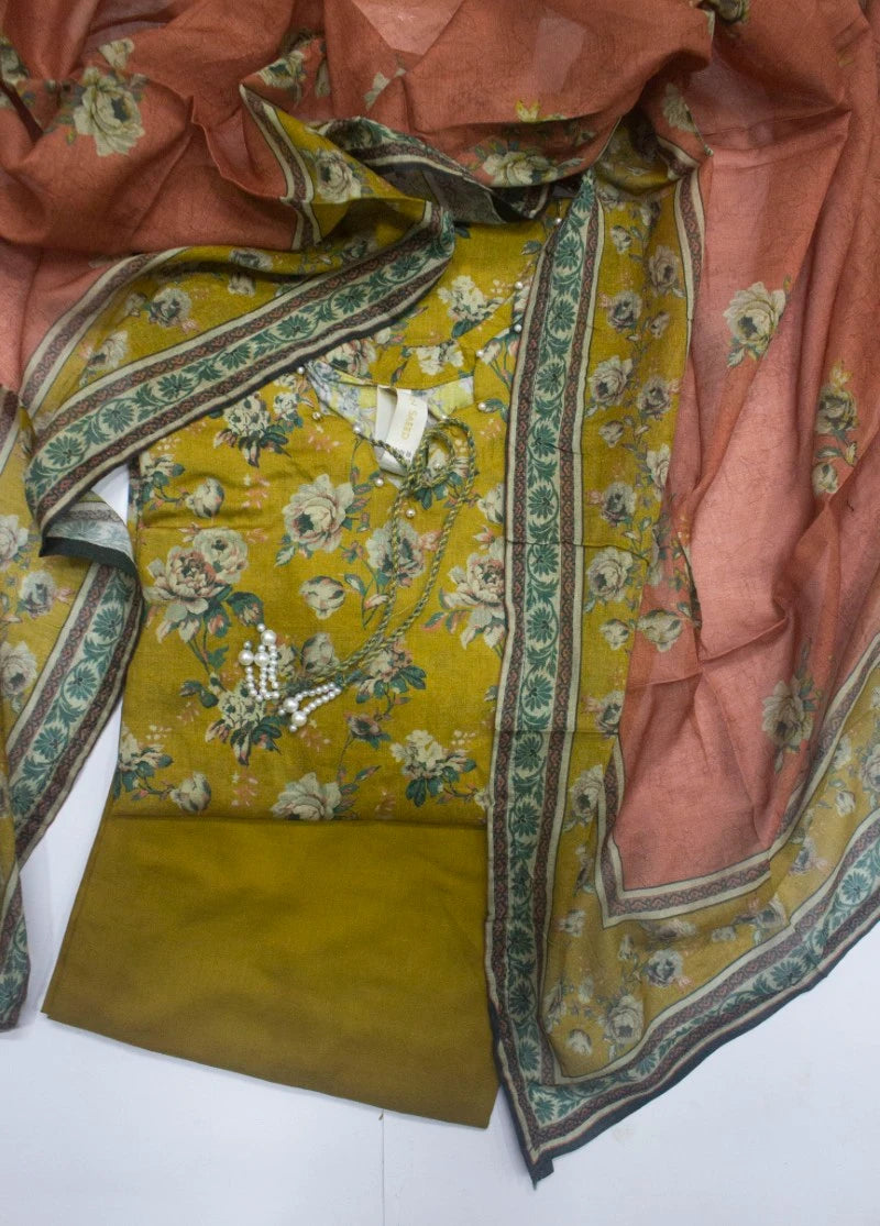 3 Piece Printed Stitched Mustard Color Lawn Shirt with Trouser & Dupatta