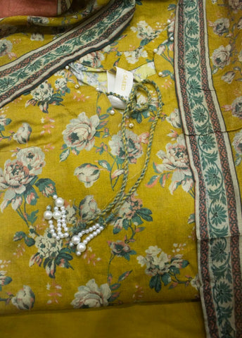 3 Piece Printed Stitched Mustard Color Lawn Shirt with Trouser & Dupatta