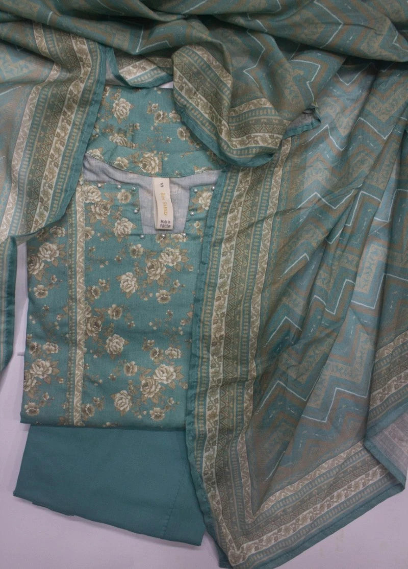 3 Piece Printed Stitched Turquoise Color Lawn Shirt with Trouser & Dupatta