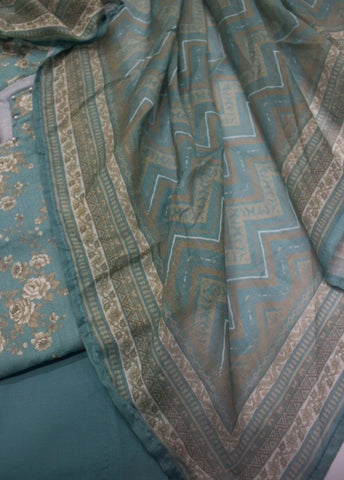 3 Piece Printed Stitched Turquoise Color Lawn Shirt with Trouser & Dupatta