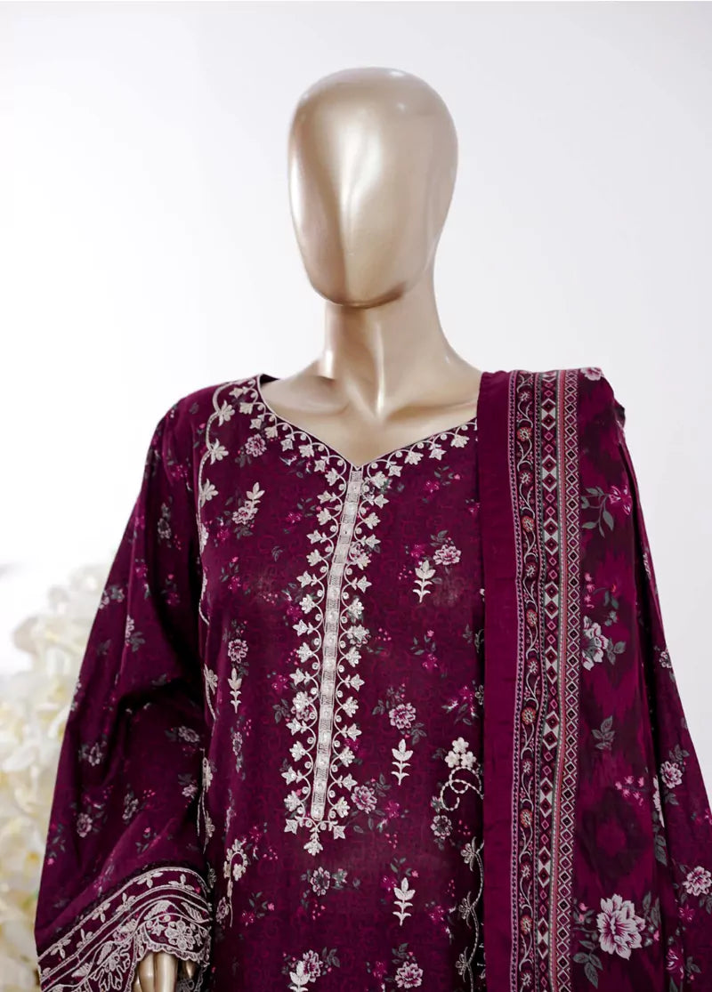 3 Piece Plum Color Embroidered Lawn Shirt with Bell Bottom Trouser & Dupatta