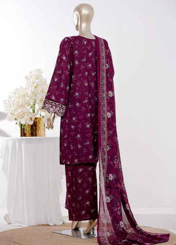 3 Piece Plum Color Embroidered Lawn Shirt with Bell Bottom Trouser & Dupatta