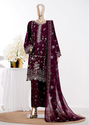 3 Piece Plum Color Embroidered Lawn Shirt with Bell Bottom Trouser & Dupatta