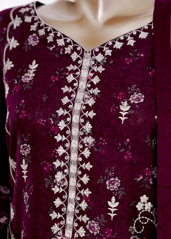 3 Piece Plum Color Embroidered Lawn Shirt with Bell Bottom Trouser & Dupatta
