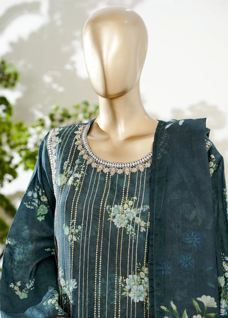 3 Piece Teal Color Embroidered Lawn Shirt with Bell Bottom Trouser & Dupatta