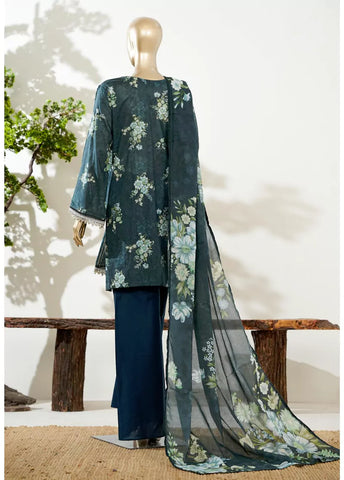 3 Piece Teal Color Embroidered Lawn Shirt with Bell Bottom Trouser & Dupatta