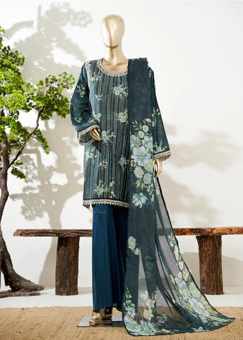 3 Piece Teal Color Embroidered Lawn Shirt with Bell Bottom Trouser & Dupatta