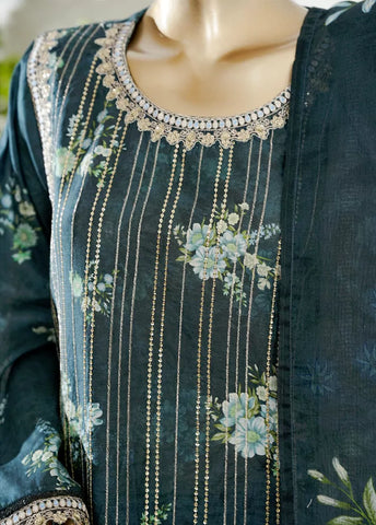 3 Piece Teal Color Embroidered Lawn Shirt with Bell Bottom Trouser & Dupatta