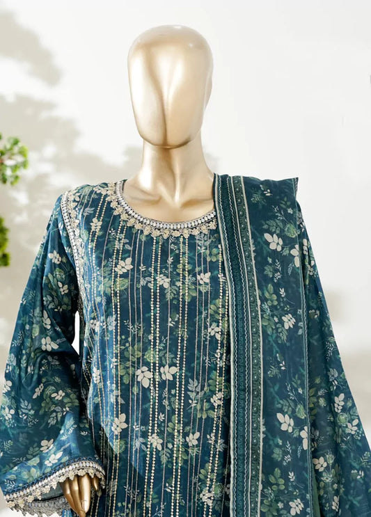 3 Piece Teal Color Embroidered Lawn Shirt with Bell Bottom Trouser & Dupatta
