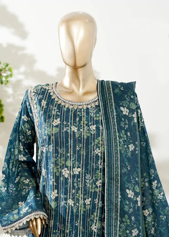 3 Piece Teal Color Embroidered Lawn Shirt with Bell Bottom Trouser & Dupatta