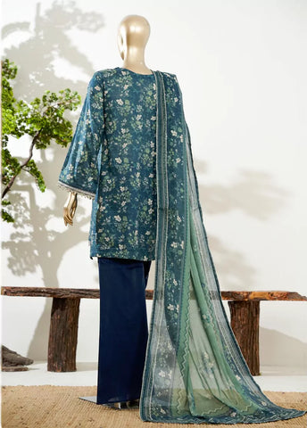 3 Piece Teal Color Embroidered Lawn Shirt with Bell Bottom Trouser & Dupatta