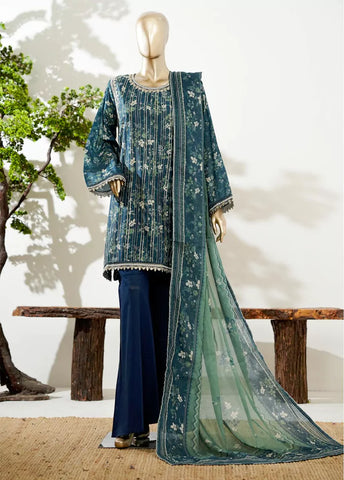 3 Piece Teal Color Embroidered Lawn Shirt with Bell Bottom Trouser & Dupatta
