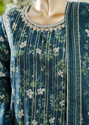 3 Piece Teal Color Embroidered Lawn Shirt with Bell Bottom Trouser & Dupatta