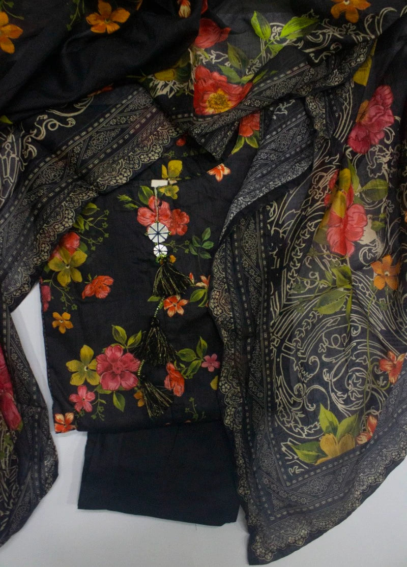 3 Piece Printed Stitched Black Color Lawn Shirt with Trouser & Dupatta