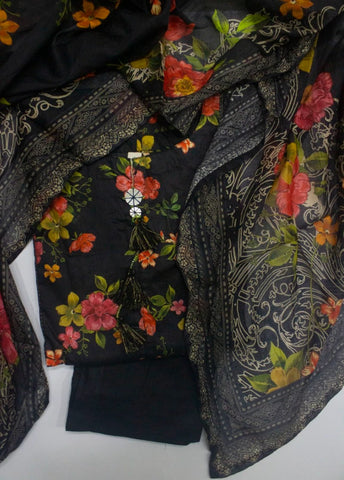3 Piece Printed Stitched Black Color Lawn Shirt with Trouser & Dupatta