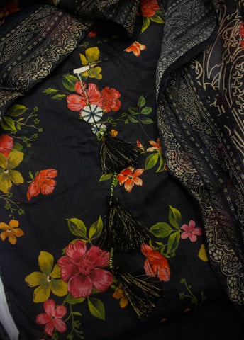 3 Piece Printed Stitched Black Color Lawn Shirt with Trouser & Dupatta