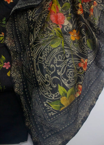 3 Piece Printed Stitched Black Color Lawn Shirt with Trouser & Dupatta