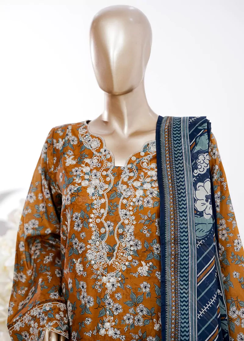 3 Piece Orange Color Embroidered Lawn Shirt with Bell Bottom Trouser & Dupatta