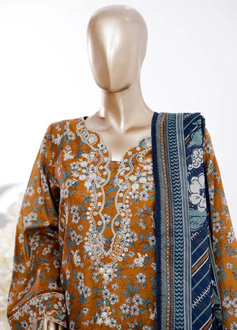 3 Piece Orange Color Embroidered Lawn Shirt with Bell Bottom Trouser & Dupatta