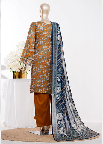 3 Piece Orange Color Embroidered Lawn Shirt with Bell Bottom Trouser & Dupatta