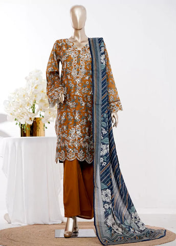 3 Piece Orange Color Embroidered Lawn Shirt with Bell Bottom Trouser & Dupatta