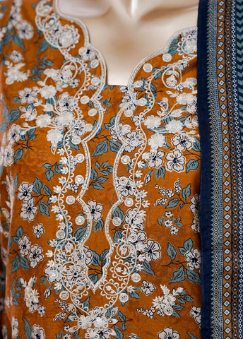 3 Piece Orange Color Embroidered Lawn Shirt with Bell Bottom Trouser & Dupatta