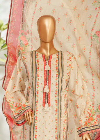 3 Piece Printed Red & Beige Color Lawn Shirt with Trouser & Dupatta