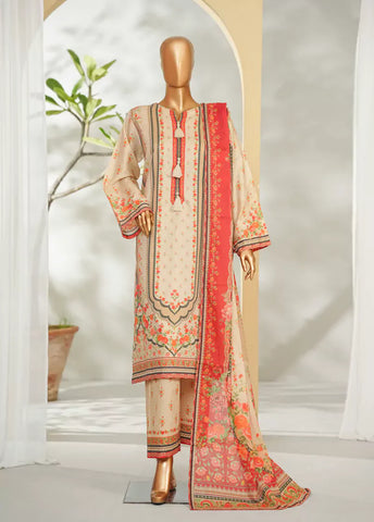 3 Piece Printed Red & Beige Color Lawn Shirt with Trouser & Dupatta