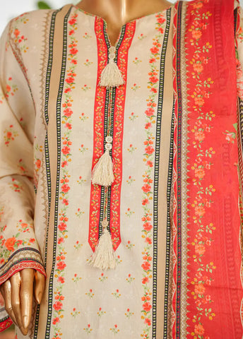3 Piece Printed Red & Beige Color Lawn Shirt with Trouser & Dupatta