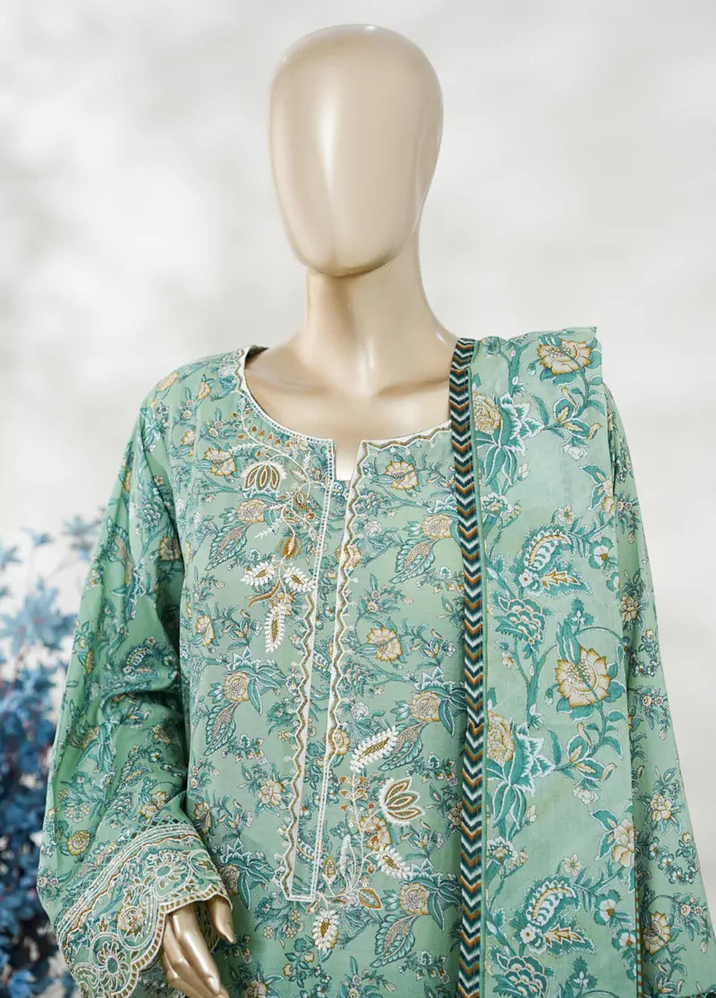 3 Piece Mint Green Color Embroidered Lawn Shirt with Bell Bottom Trouser & Dupatta