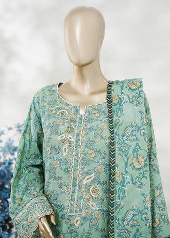 3 Piece Mint Green Color Embroidered Lawn Shirt with Bell Bottom Trouser & Dupatta