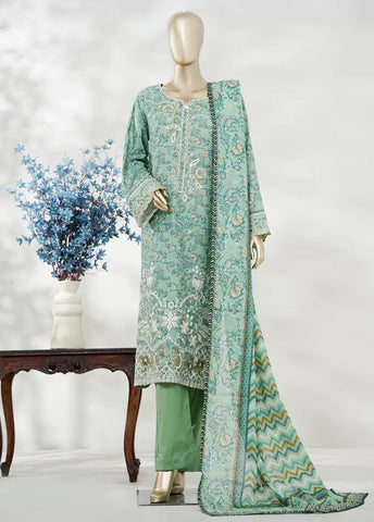 3 Piece Mint Green Color Embroidered Lawn Shirt with Bell Bottom Trouser & Dupatta