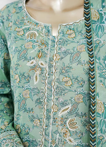 3 Piece Mint Green Color Embroidered Lawn Shirt with Bell Bottom Trouser & Dupatta