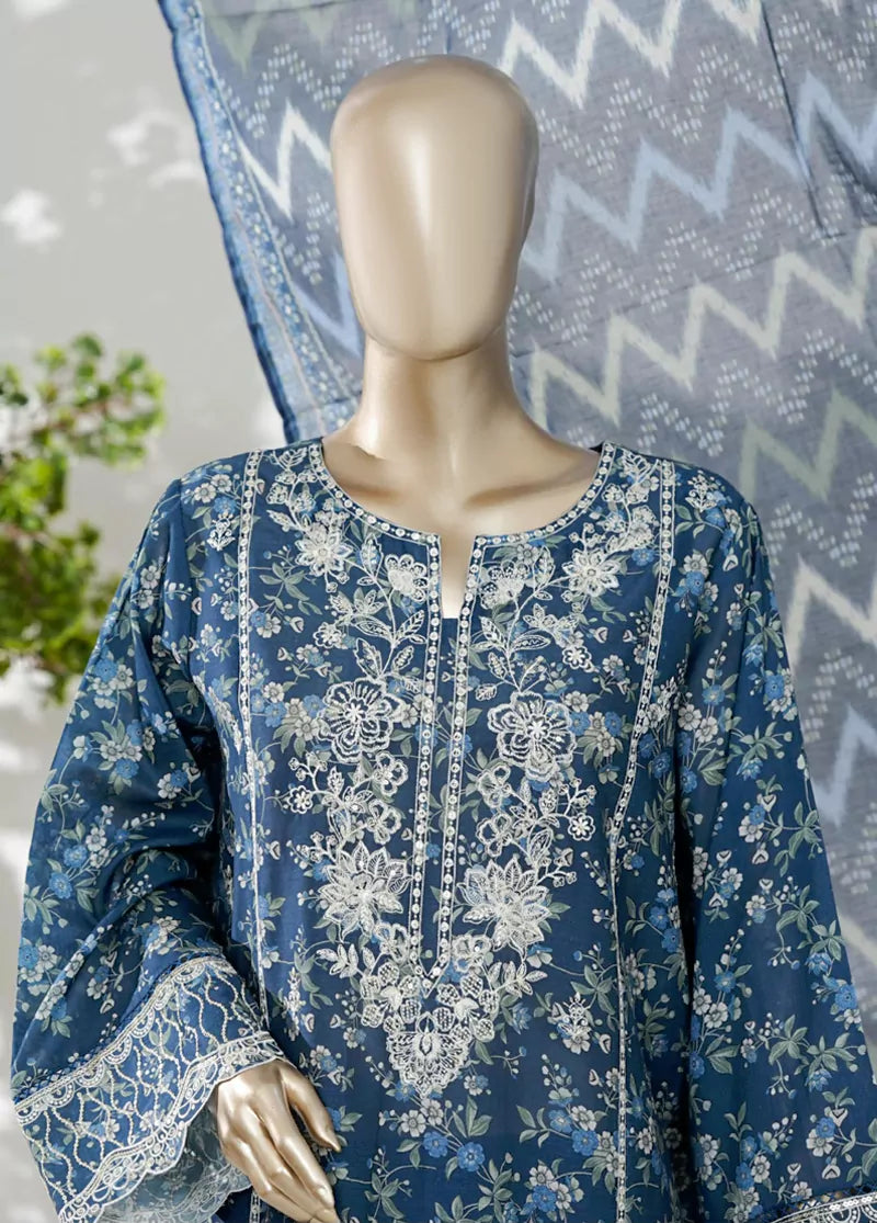 3 Piece Blue Color Embroidered Lawn Shirt with Trouser & Dupatta