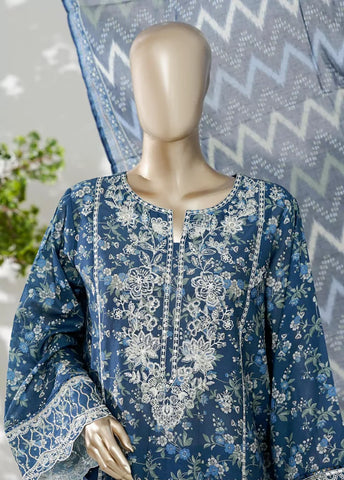 3 Piece Blue Color Embroidered Lawn Shirt with Trouser & Dupatta
