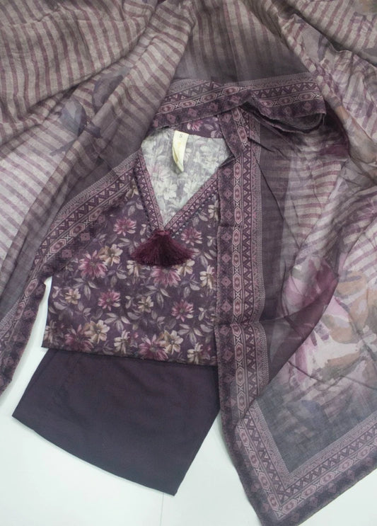 3 Piece Printed Stitched Plum Color Lawn Shirt with Trouser & Dupatta