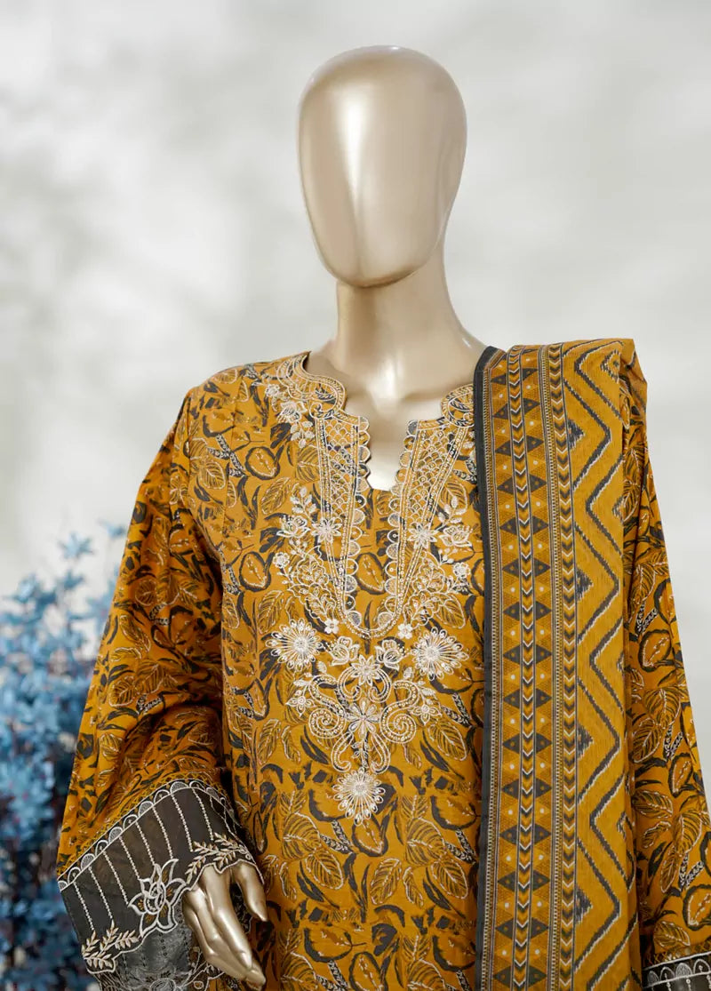 3 Piece Merigold Orange Color Embroidered Lawn Shirt with Bell Bottom Trouser & Dupatta