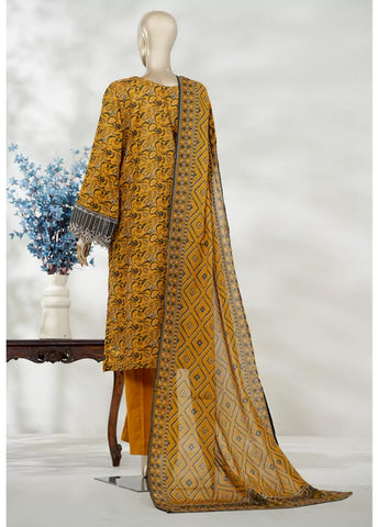 3 Piece Merigold Orange Color Embroidered Lawn Shirt with Bell Bottom Trouser & Dupatta