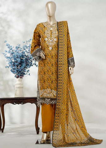 3 Piece Merigold Orange Color Embroidered Lawn Shirt with Bell Bottom Trouser & Dupatta