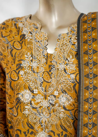 3 Piece Merigold Orange Color Embroidered Lawn Shirt with Bell Bottom Trouser & Dupatta