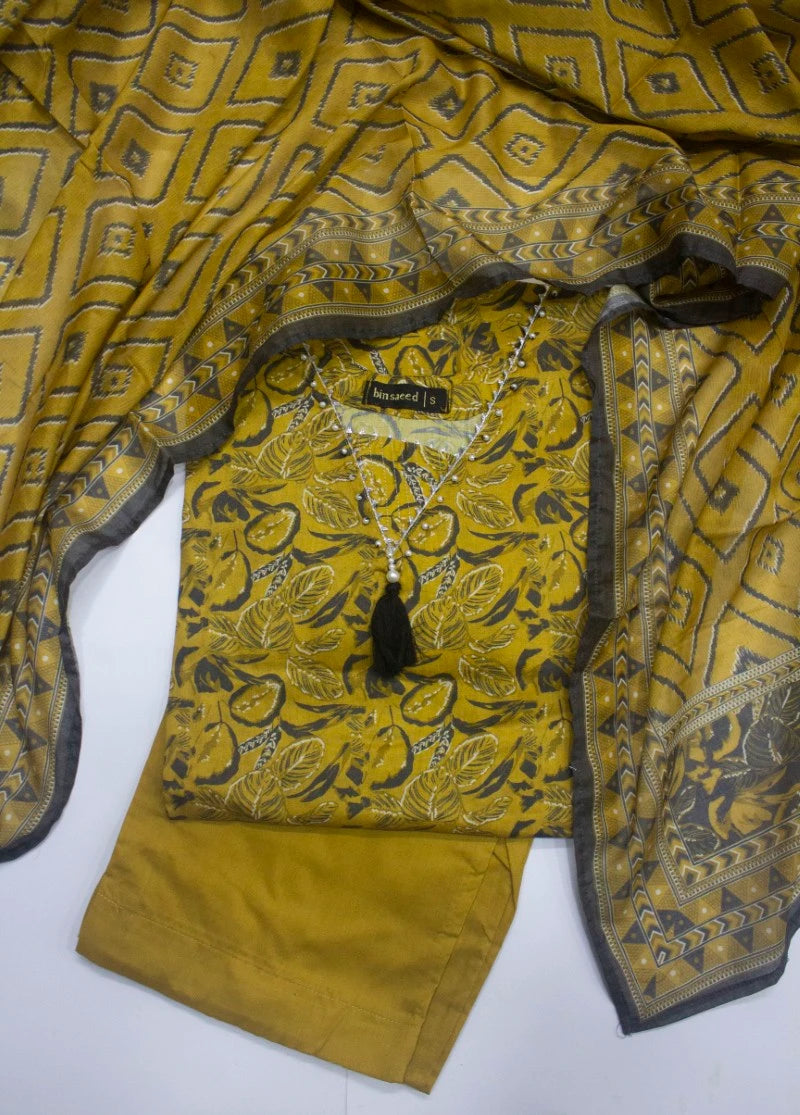 3 Piece Printed Stitched Yellow Color Lawn Shirt with Trouser & Dupatta