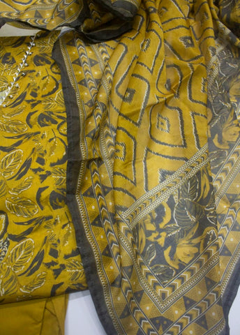 3 Piece Printed Stitched Yellow Color Lawn Shirt with Trouser & Dupatta