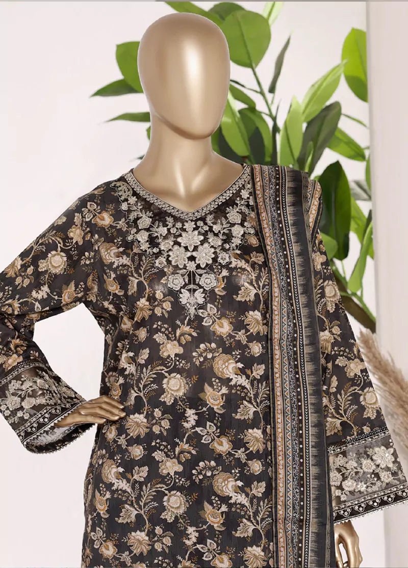 3 Piece Black Color Embroidered Lawn Shirt with Bell Bottom Trouser & Dupatta
