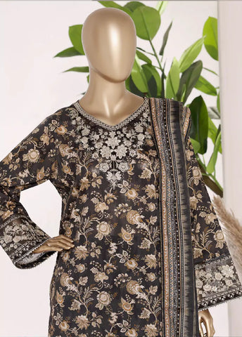 3 Piece Black Color Embroidered Lawn Shirt with Bell Bottom Trouser & Dupatta