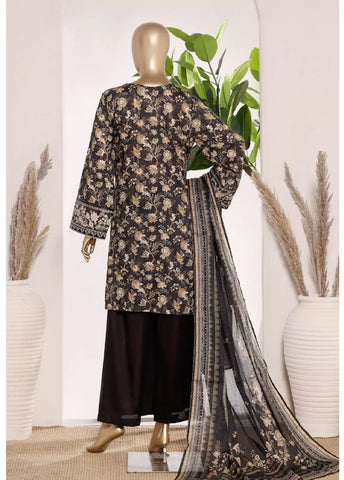 3 Piece Black Color Embroidered Lawn Shirt with Bell Bottom Trouser & Dupatta