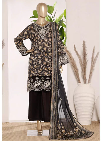 3 Piece Black Color Embroidered Lawn Shirt with Bell Bottom Trouser & Dupatta