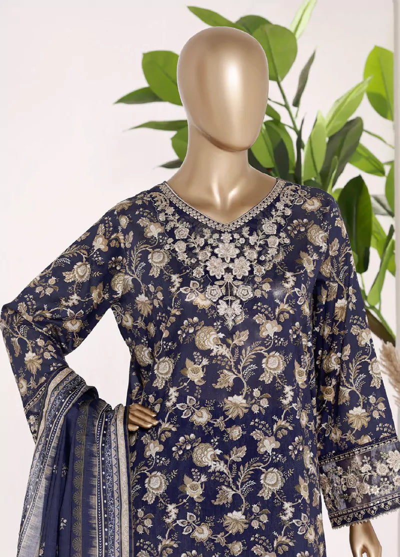 3 Piece Blue Color Embroidered Lawn Shirt with Trouser & Dupatta