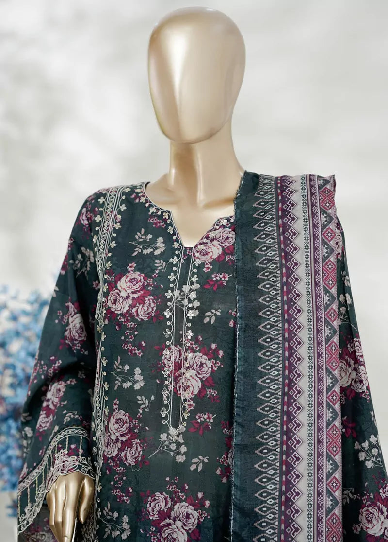 3 Piece Teal Color Embroidered Lawn Shirt with Bell Bottom Trouser & Dupatta