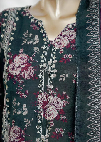 3 Piece Teal Color Embroidered Lawn Shirt with Bell Bottom Trouser & Dupatta
