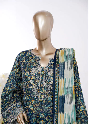 3 Piece Navy Blue Color Embroidered Lawn Shirt with Bell Bottom Trouser & Dupatta